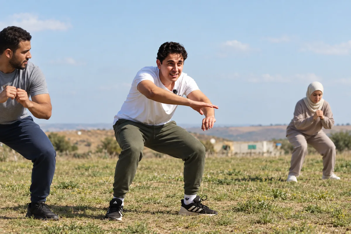 Le coach mène une séance de mouvement en plein air, photographié en pied